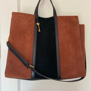 FOSSIL Women’s Carmen Tote Shopper Leather Suede Brown / Black NEW